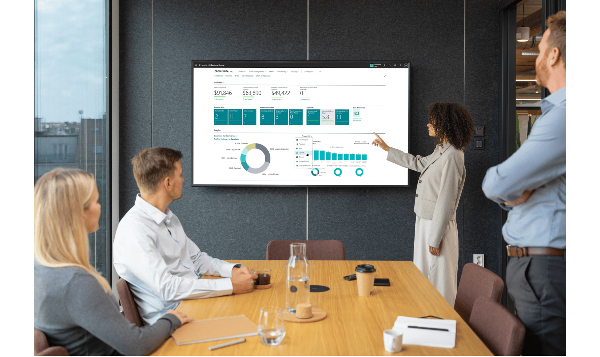 Business leaders reviewing a Dynamics 365 Business Central financial dashboard during a Chamber of Commerce board meeting.